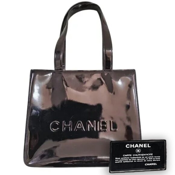 Authentic CHANEL Tote Purse Vintage Patent Leather Shoulder Bag Black